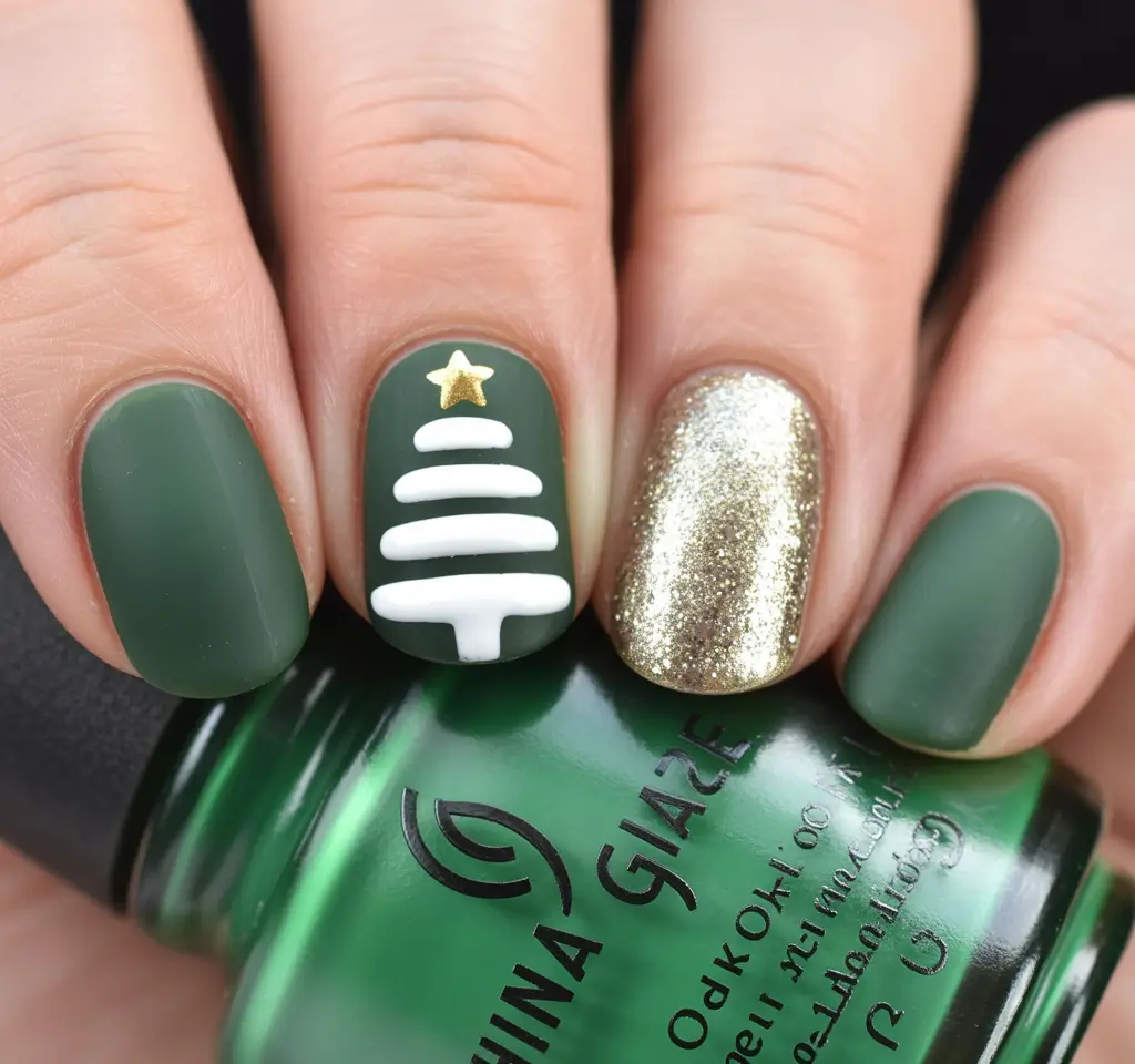 Simple Christmas Nails 2025 Evergreen and Gold Spark