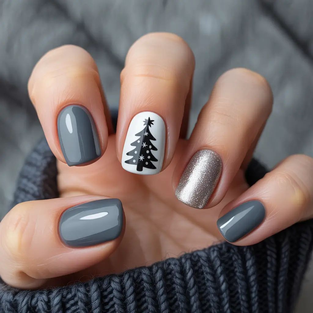 Simple Christmas Nails 2025 Silver Pine Elegance