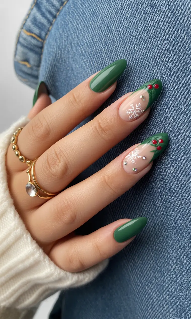 Simple Christmas Nails 2025 Green Frost Berries