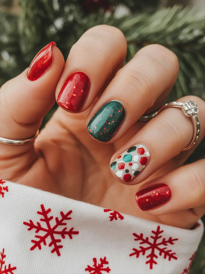 Simple Christmas Nails 2025 Classic Holly Sparkle