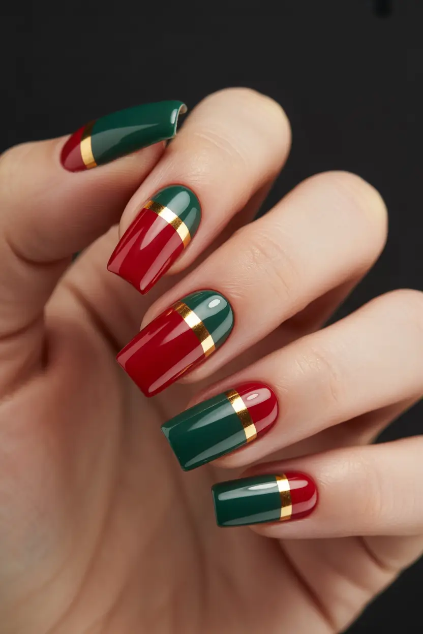 Simple Christmas Nails 2025 Red and Green Luxe Lines