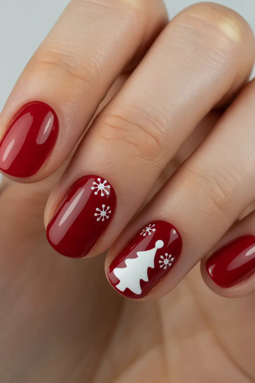 Simple Christmas Nails 2025 Snowy Tree Minimalism