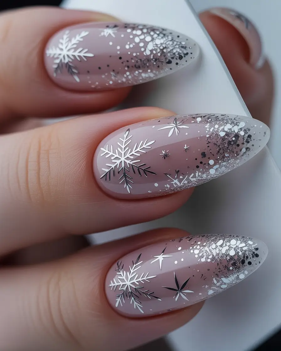 Snowflake Winter Nails 2025–2026 Frosted Almond Starlight