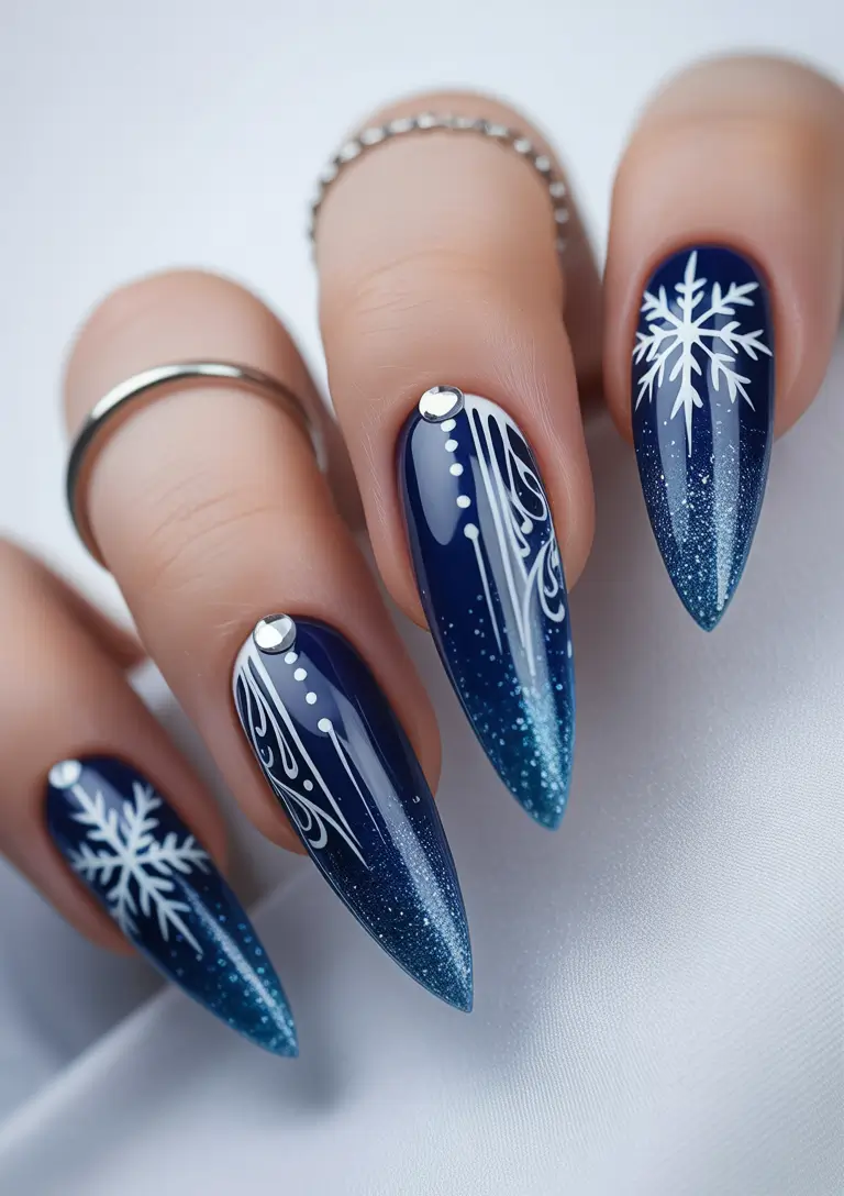 Snowflake Winter Nails 2025–2026 Midnight Blue Blizzard