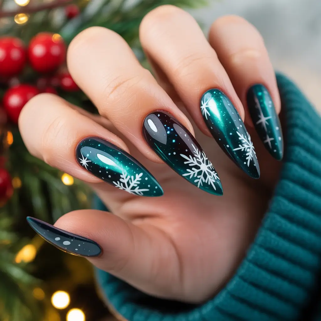 Snowflake Winter Nails 2025–2026 Emerald Aurora Frost