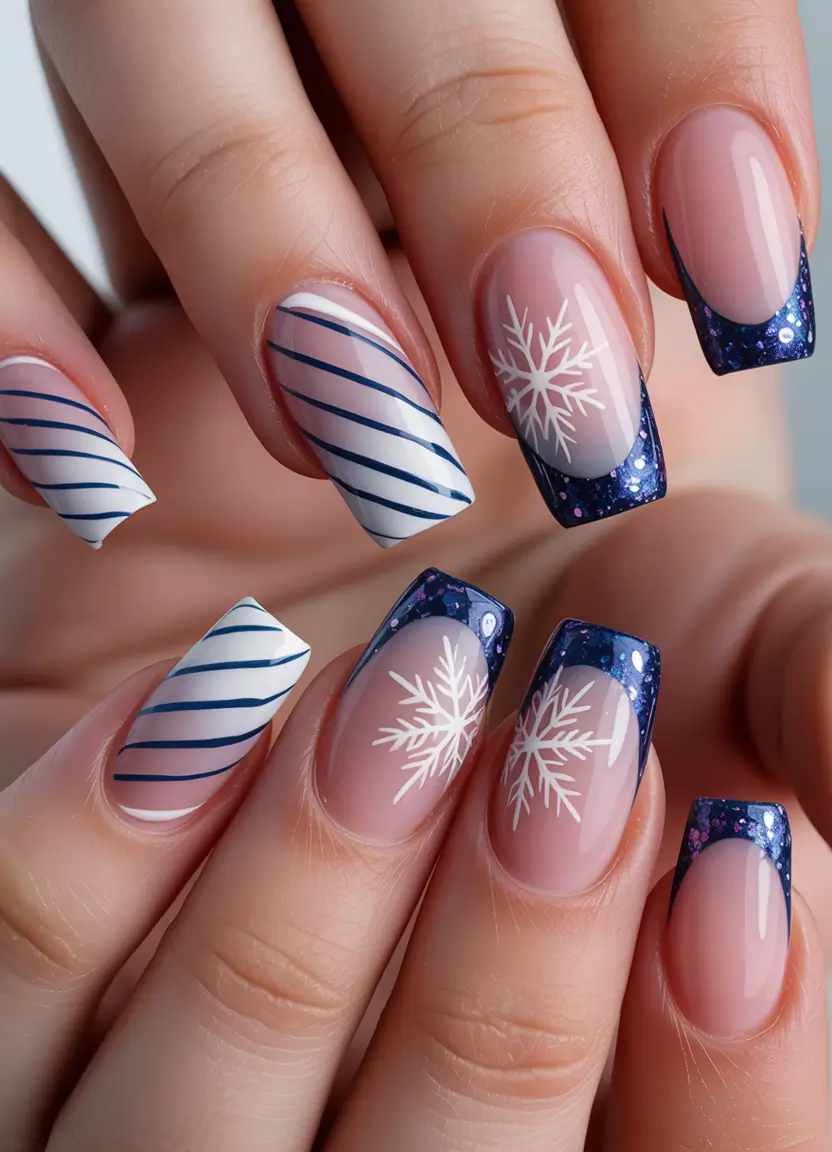 Snowflake Winter Nails 2025–2026 Blue French Winter Stripes