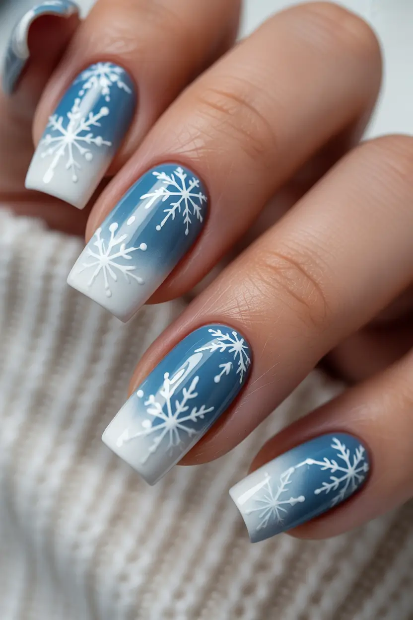 Snowflake Winter Nails 2025–2026 Powder Blue Fade