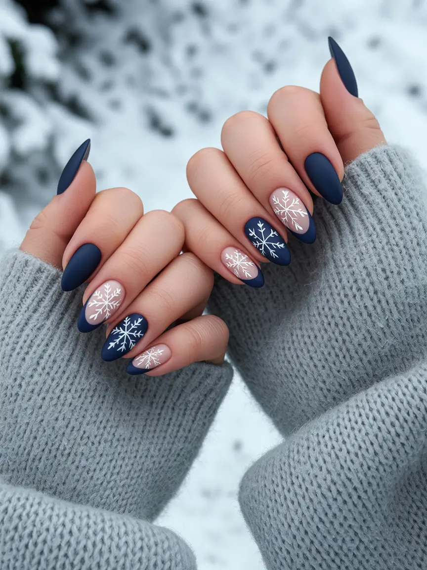 Snowflake Winter Nails 2025–2026 Matte Navy Snowfall
