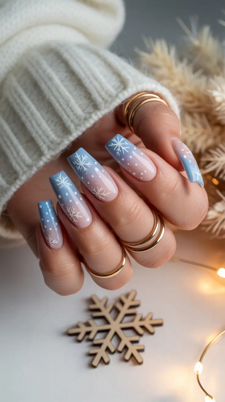 Snowflake Winter Nails 2025–2026 Blue and Blush Frost Tips