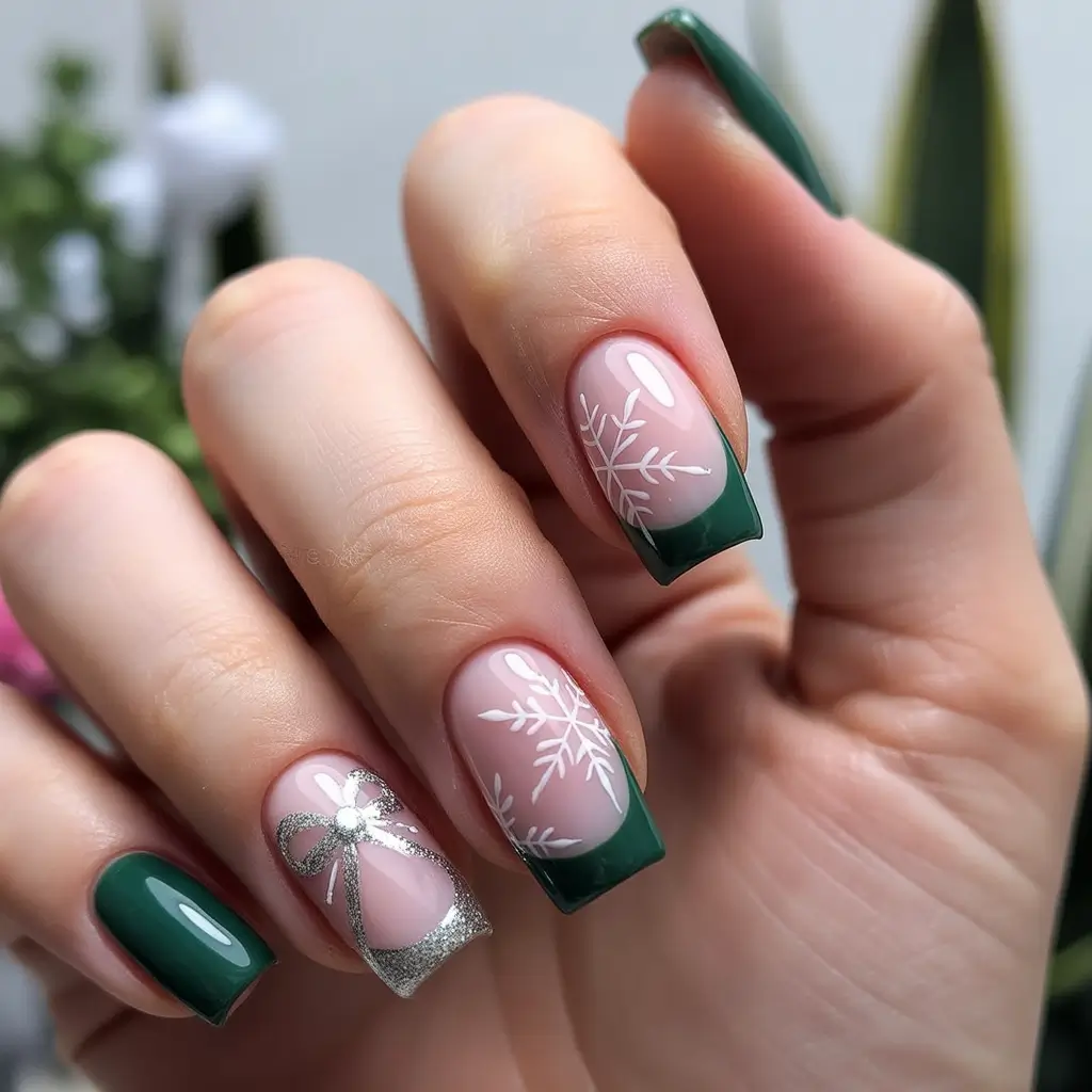 Snowflake Winter Nails 2025–2026 Classic Red and Green Snow Magic
