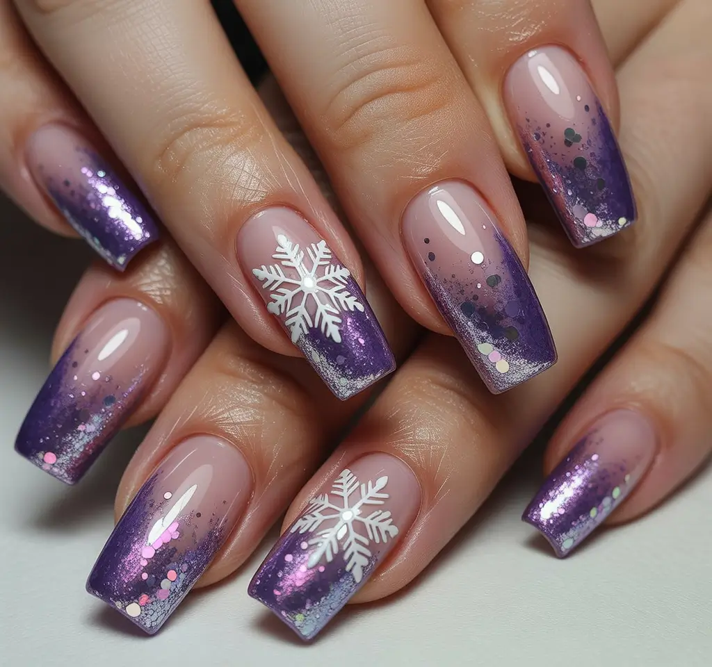 Snowflake Winter Nails 2025–2026 Almond Snow Dust Glow