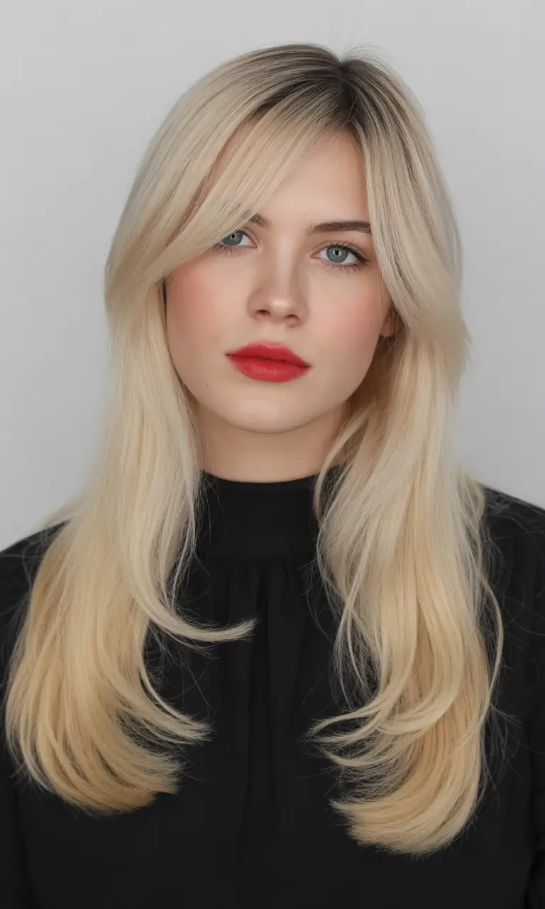 Soft Winter Hair Colors 2025–2026 Buttercream Blonde with Soft Curtain Bangs