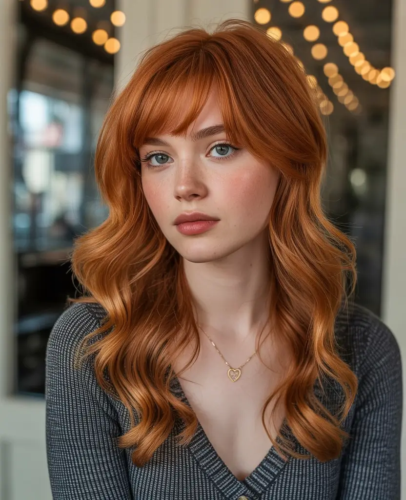 Soft Winter Hair Colors 2025–2026 Copper Gold with Soft Fringe