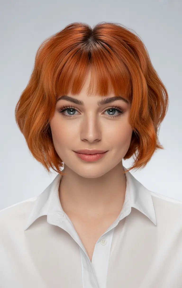 Soft Winter Hair Colors 2025–2026 Copper Bob with Micro Bangs