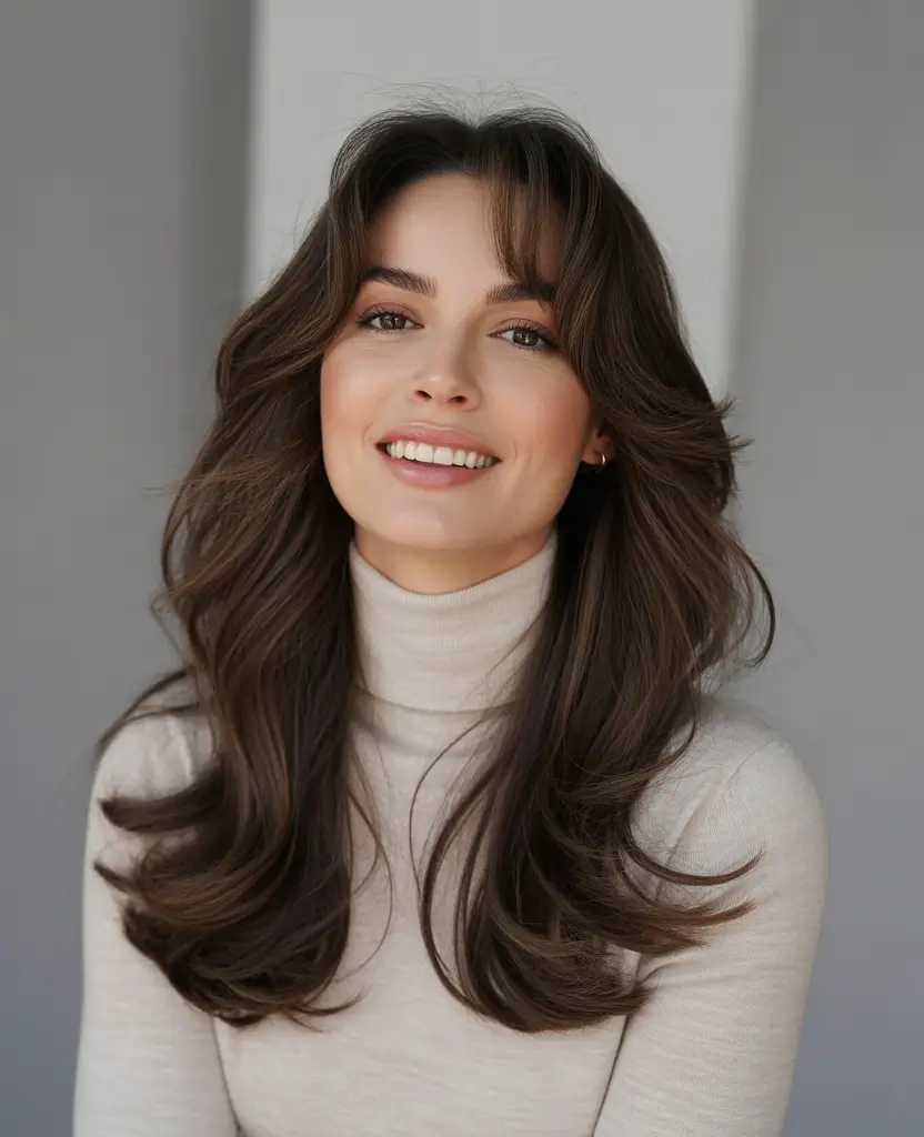 Soft Winter Hair Colors 2025–2026 Classic Espresso Layers with Curtain Bangs