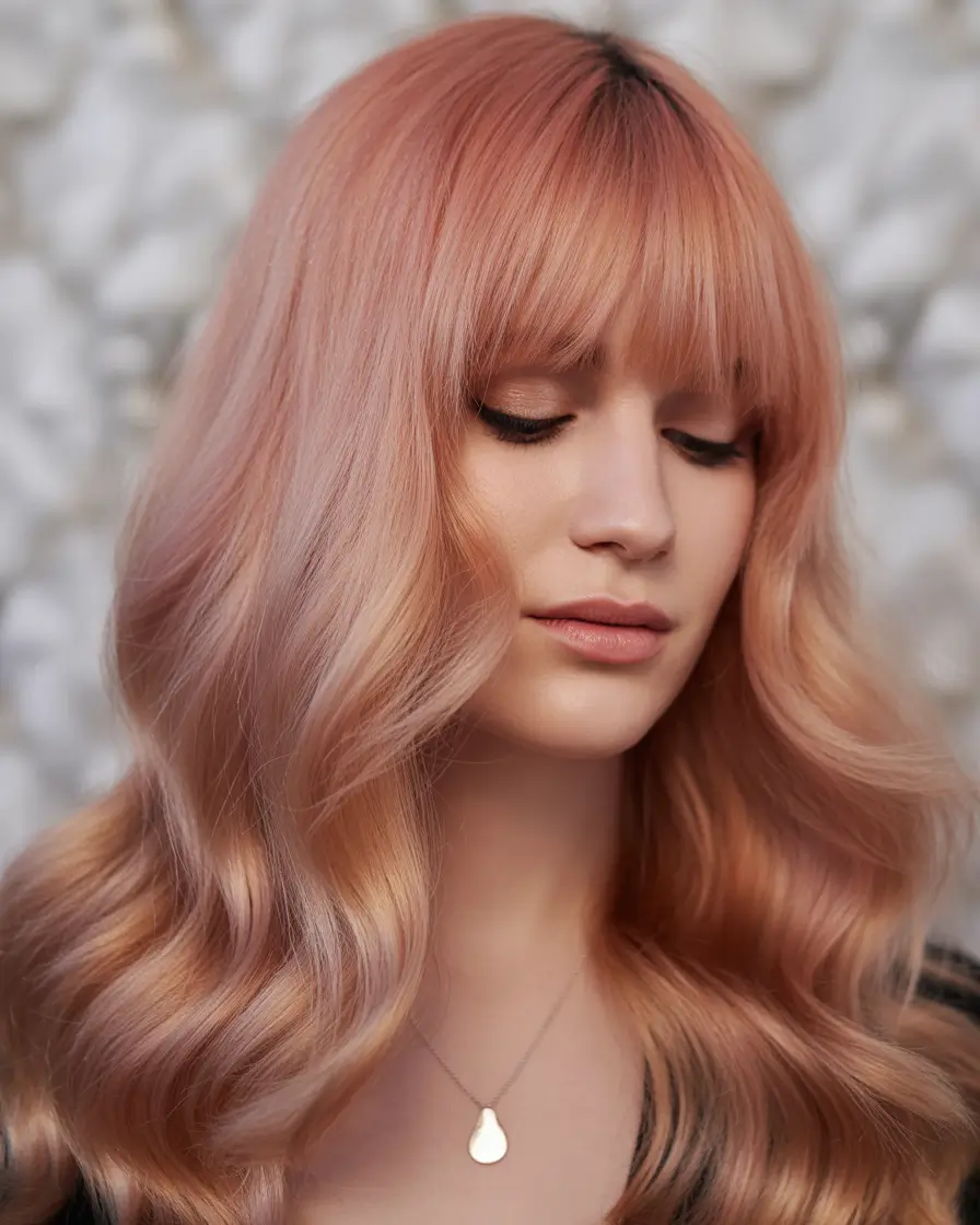 Soft Winter Hair Colors 2025–2026 Soft Peach Waves with Fringe