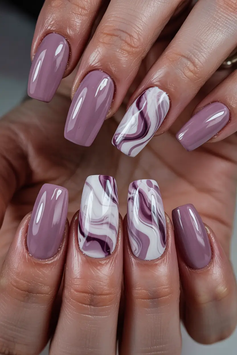 Stylish Nail Ideas for Winter 2025–2026 Mauve Marble Elegance