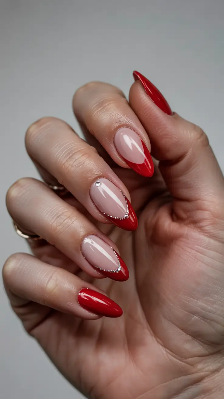Stylish Nail Ideas for Winter 2025–2026 Ruby Red French with Crystals