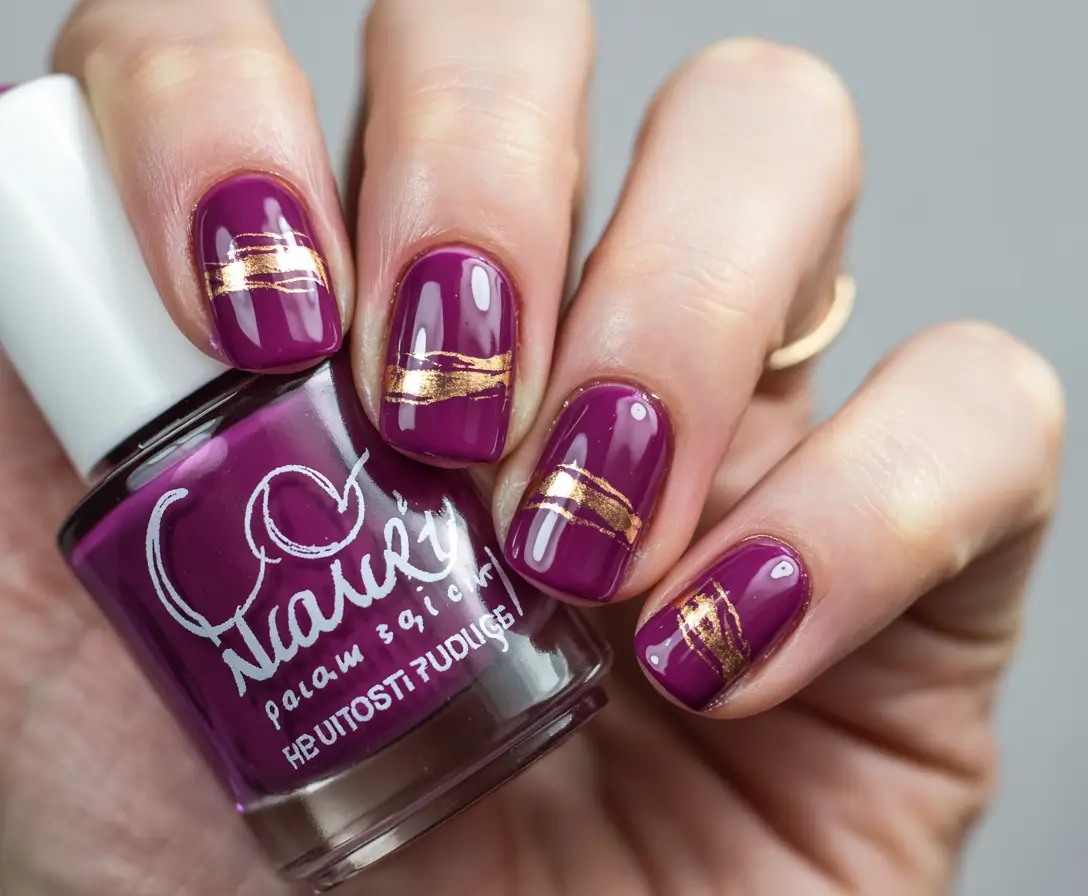 Stylish Nail Ideas for Winter 2025–2026 Plum Perfection with Gold Strokes