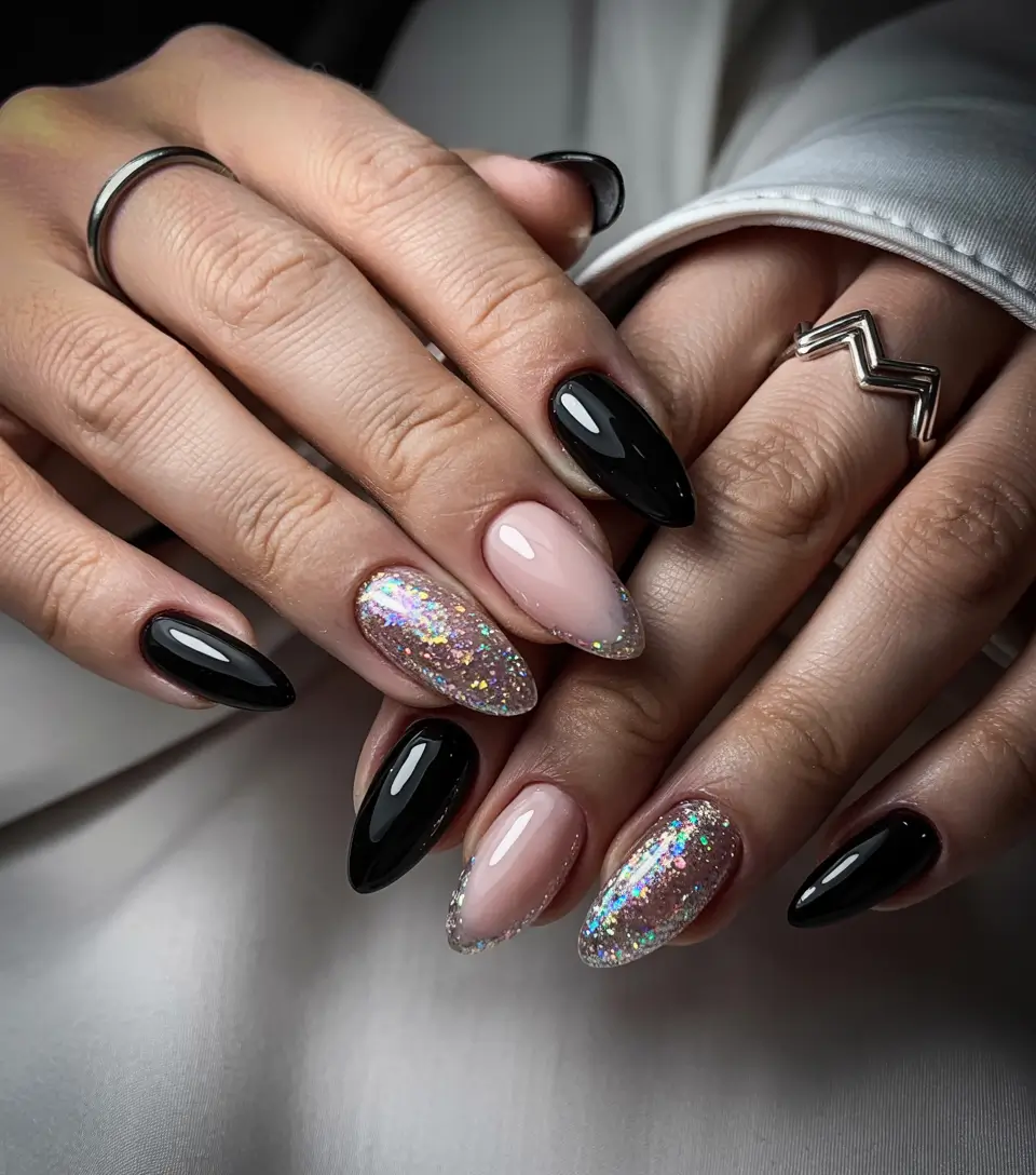 Stylish Nail Ideas for Winter 2025–2026 Black Magic with Sparkle