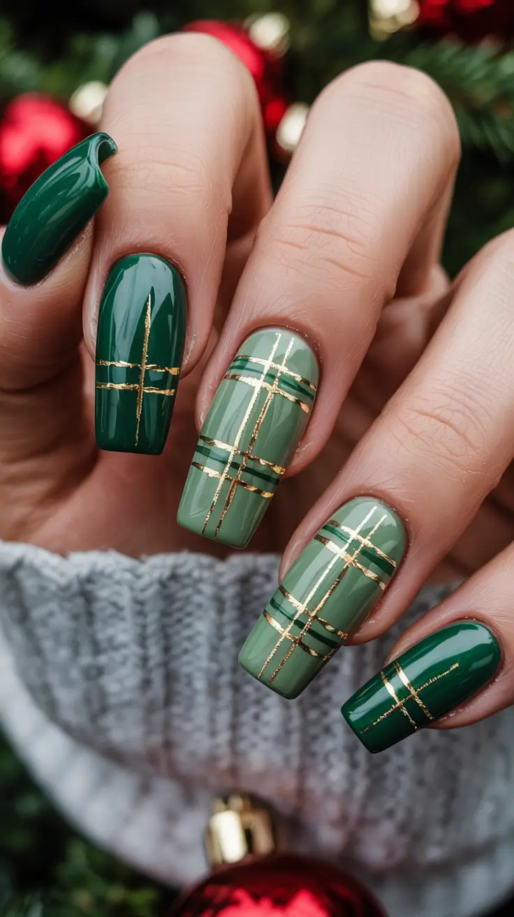 Stylish Nail Ideas for Winter 2025–2026 Emerald Plaid Elegance