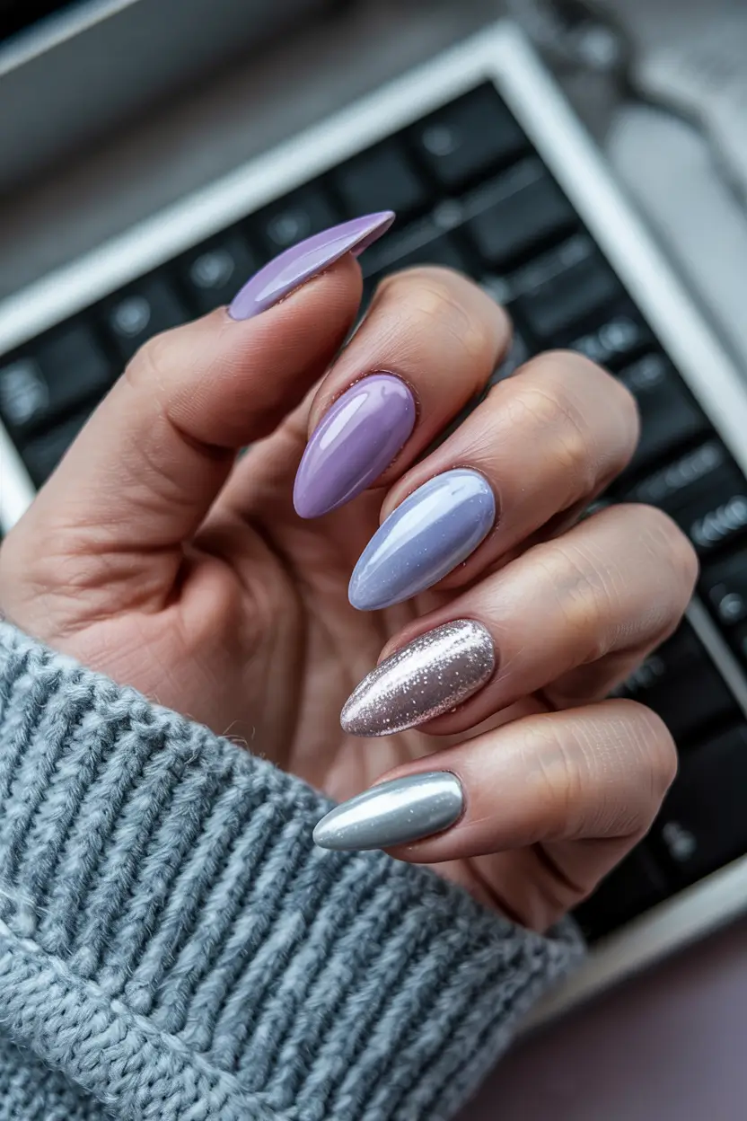 Stylish Nail Ideas for Winter 2025–2026 Frosted Lilac Shine