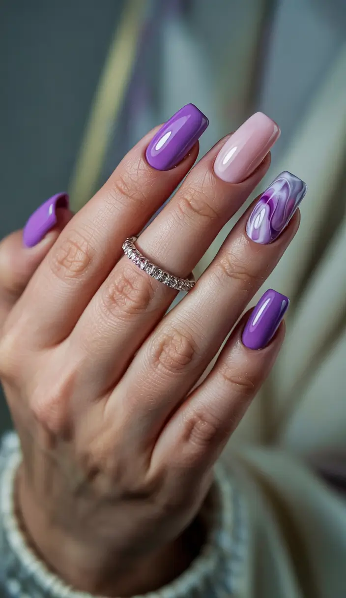 Stylish Nail Ideas for Winter 2025–2026 Lavender Marble Dream