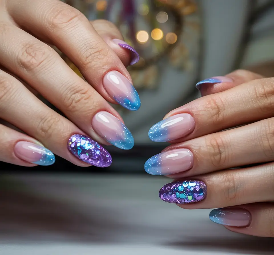 Stylish Nail Ideas for Winter 2025–2026 Aurora Ombre Sparkle