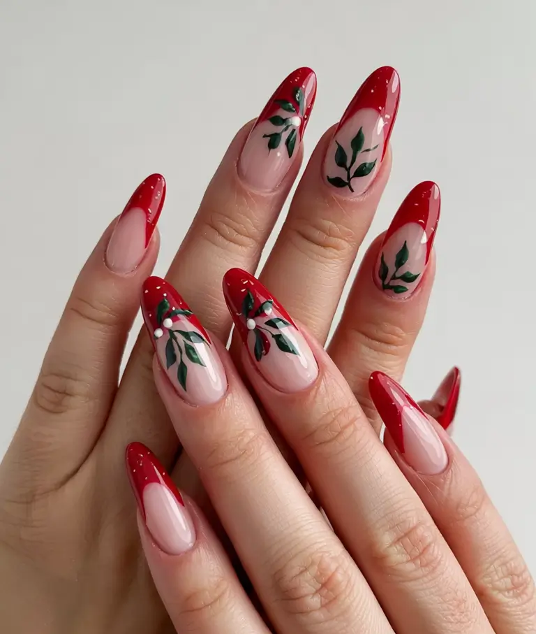 Stylish Nail Ideas for Winter 2025–2026 Festive Red French with Leafy Art