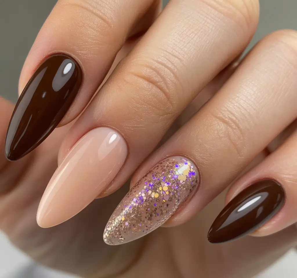Stylish Nail Ideas for Winter 2025–2026 Mocha Glow with Glitter Accent
