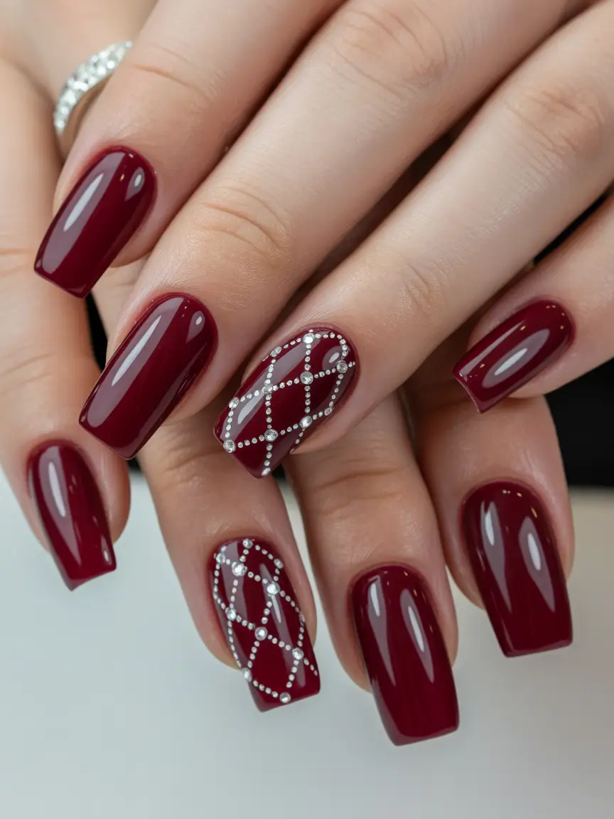 Stylish Nail Ideas for Winter 2025–2026 Burgundy Diamond Luxe