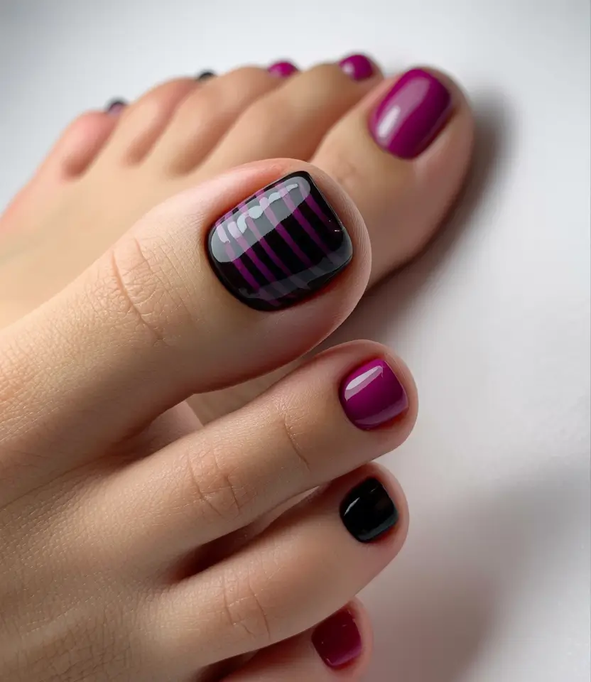 toe nails and color ideas winter 2025 2026 Berry Noir Stripes