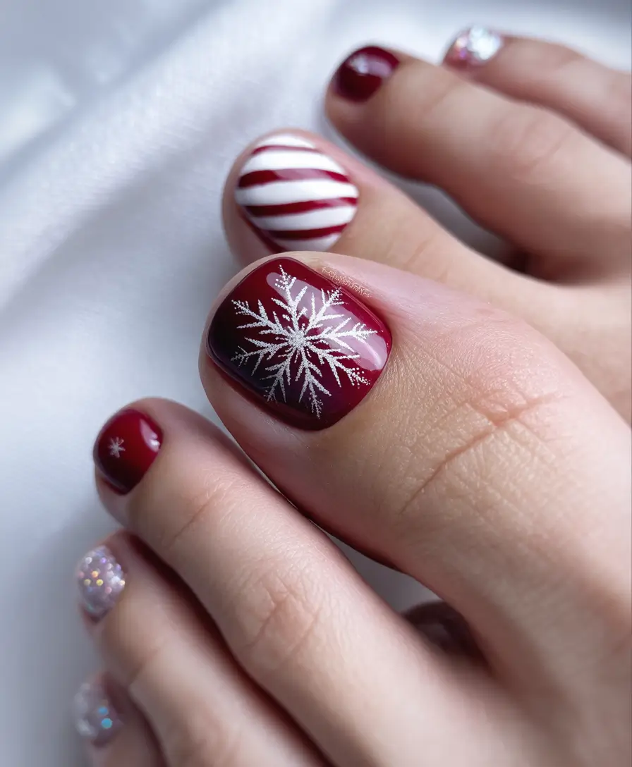 toe nails and color ideas winter 2025 2026 Candy Cane Snow