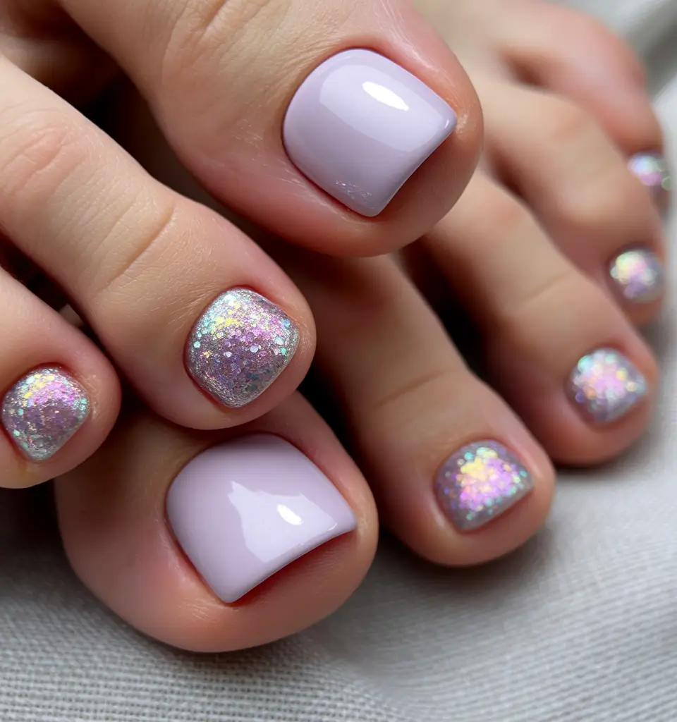 toe nails and color ideas winter 2025 2026 Holographic Ice Lilac