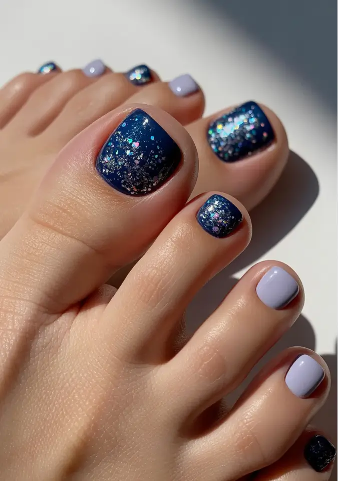 toe nails and color ideas winter 2025 2026 Midnight Glitter Sky