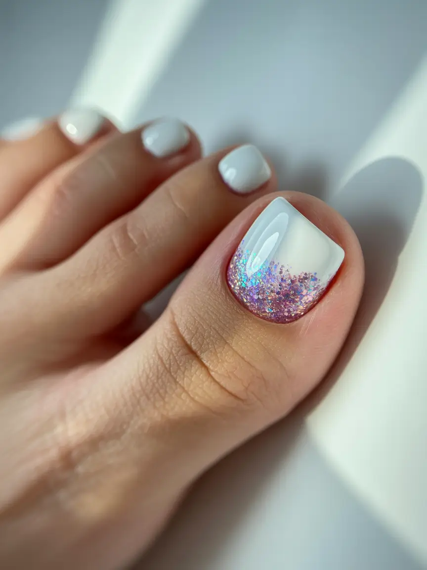 toe nails and color ideas winter 2025 2026 Snowflake Sparkle White