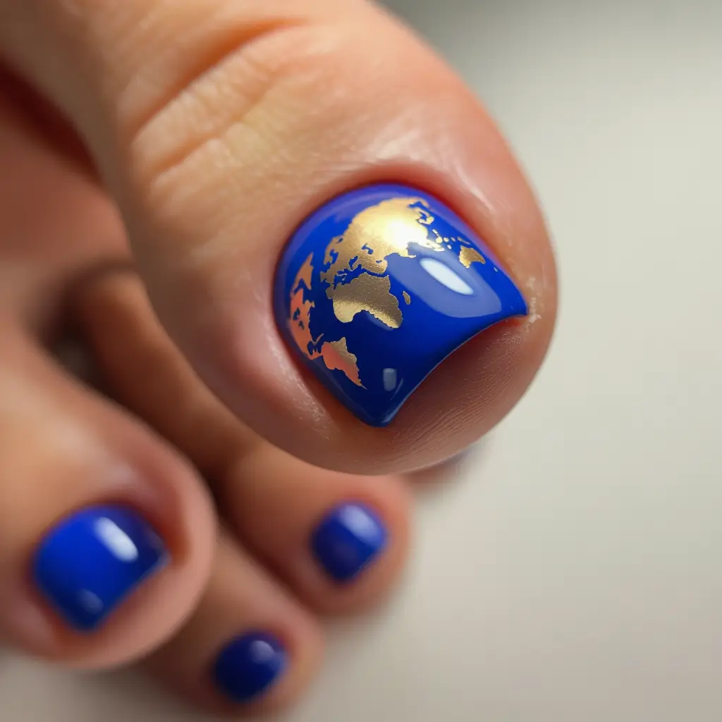 toe nails and color ideas winter 2025 2026 Royal Blue with Golden Map