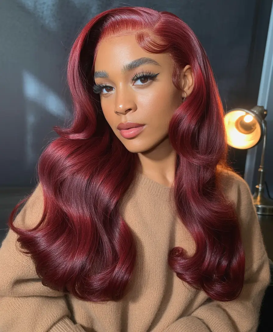 Trending Hair Colors Winter 2025–2026 Burgundy Waves of Luxe
