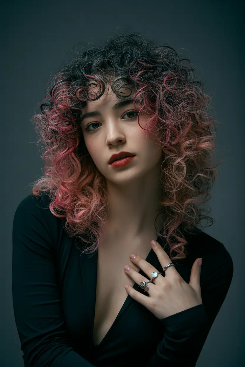 Trending Medium Haircuts Winter 2025–2026 Playful Curls with Pink-Toned Layers