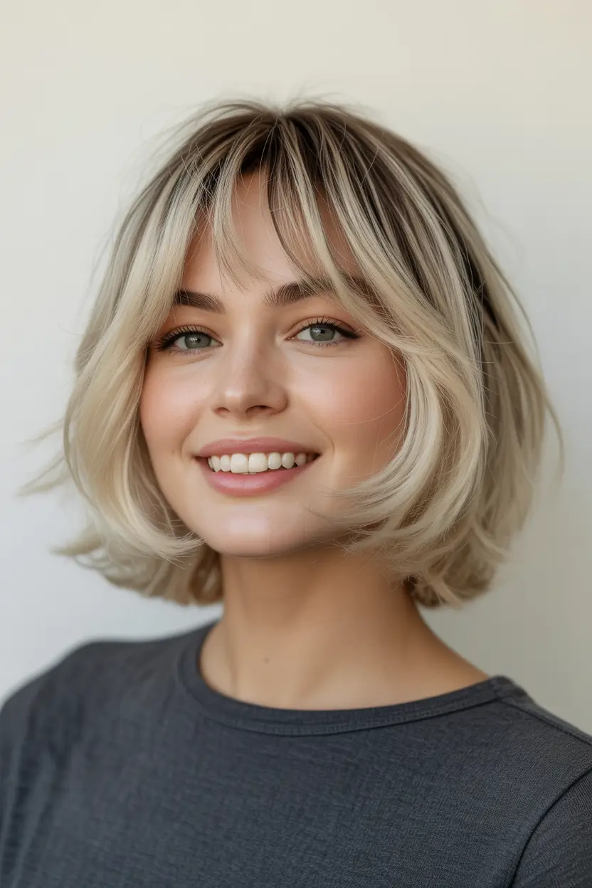 Trending Medium Haircuts Winter 2025–2026 Soft Blonde Bob with Bangs