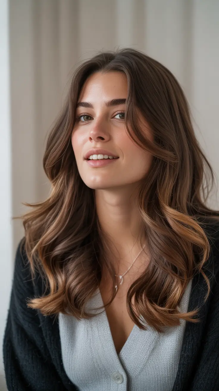 Trending Medium Haircuts Winter 2025–2026 Soft Brunette Waves with Layers Face Framing