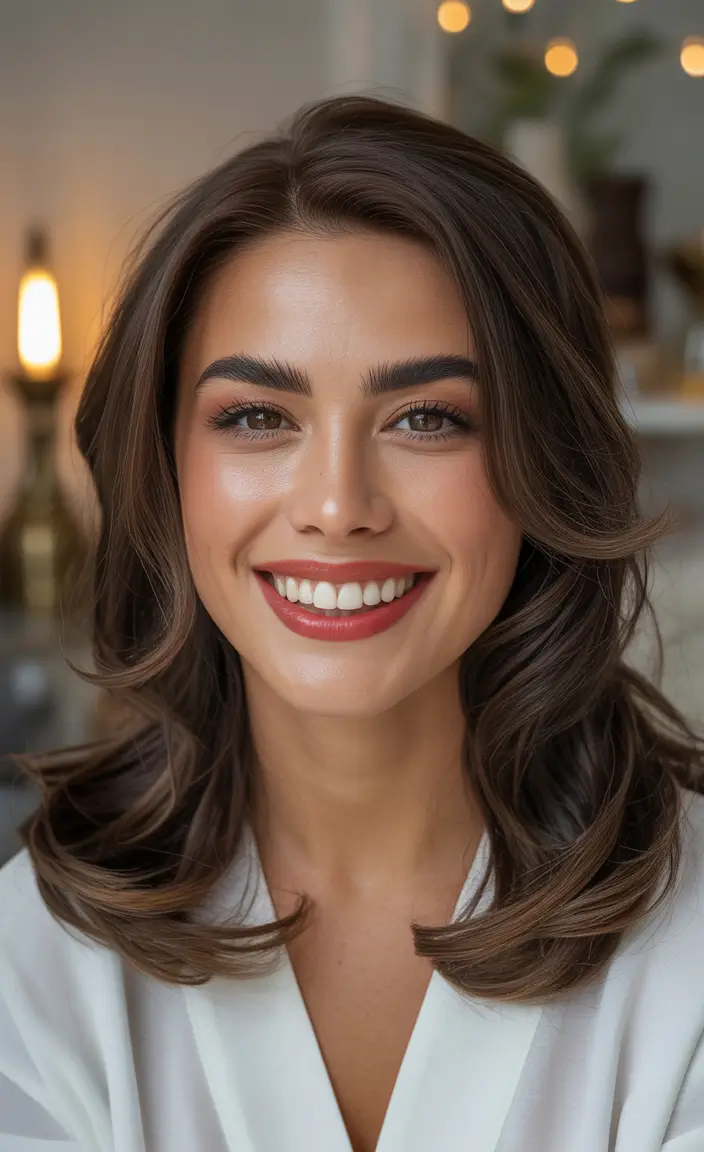 Trending Medium Haircuts Winter 2025–2026 Glossy Brunette Waves