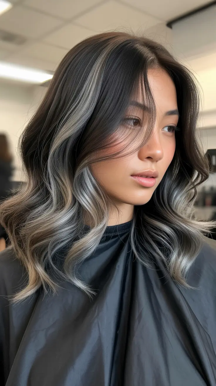 Trending Medium Haircuts Winter 2025–2026 Soft Black Waves with Gray Highlights