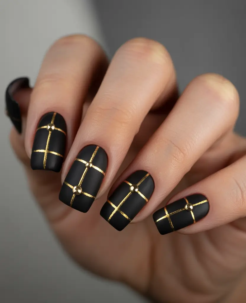 Trendy Black Nail Ideas for Christmas 2025 Matte Black and Gold Grid Elegance