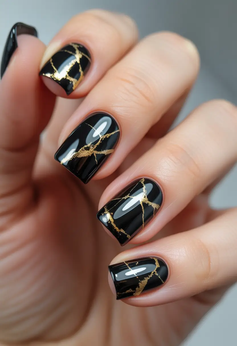 Trendy Black Nail Ideas for Christmas 2025 Golden Veins Perfection