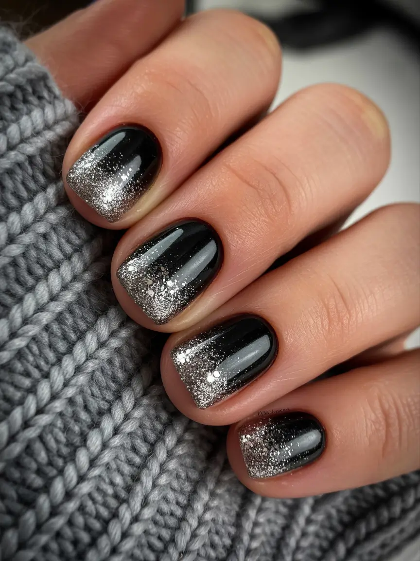 Trendy Black Nail Ideas for Christmas 2025 Frosted Black Gradient