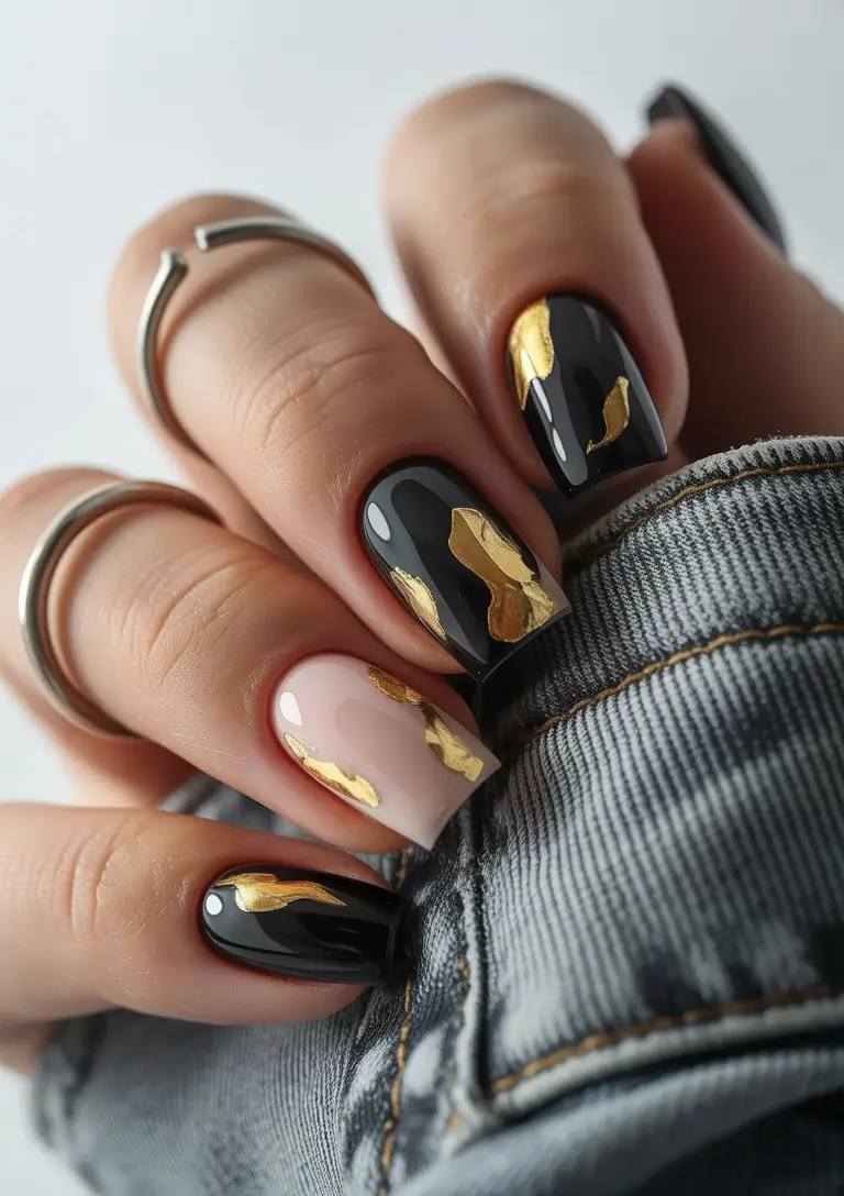 Trendy Black Nail Ideas for Christmas 2025 Black and Gold Leaf Luxe