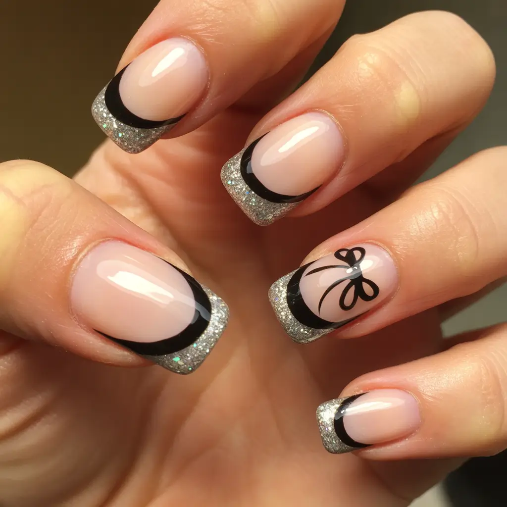 Trendy Black Nail Ideas for Christmas 2025 Silver Ribbon French
