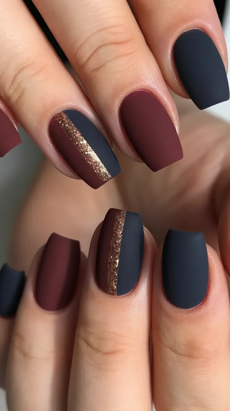 Trendy Black Nail Ideas for Christmas 2025 Matte Plum and Midnight Stripe