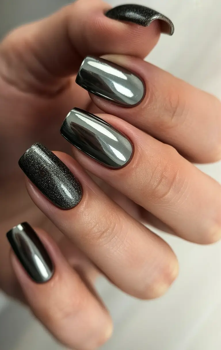 Trendy Black Nail Ideas for Christmas 2025 Gunmetal Shine